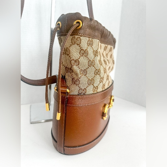 GUCCI Monogram Textured Calf skin Horsebit1955 Drawstring Bucket Bag Beige Brown - Picture 4 of 11